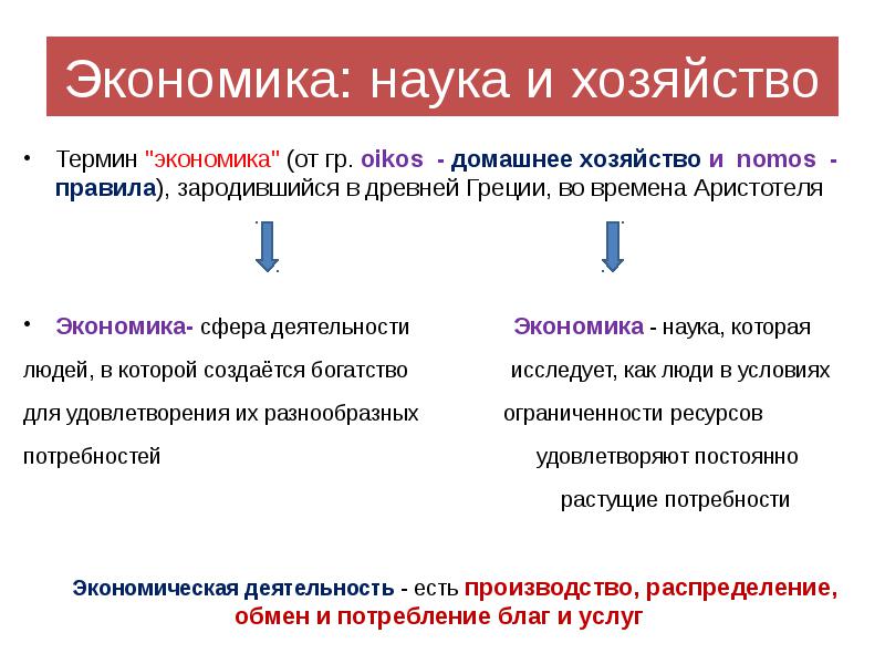 План экономики как науки и хозяйства